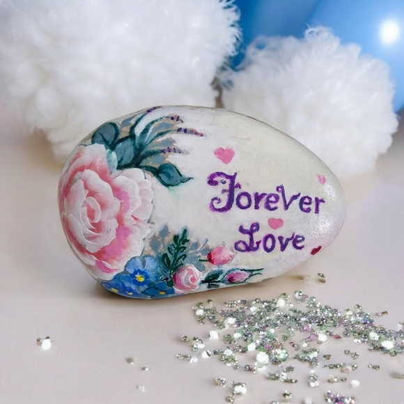 Painted LOVE river rock with rosy- peach roses, blue accent flowers, and hearts - Picture 6 of 17